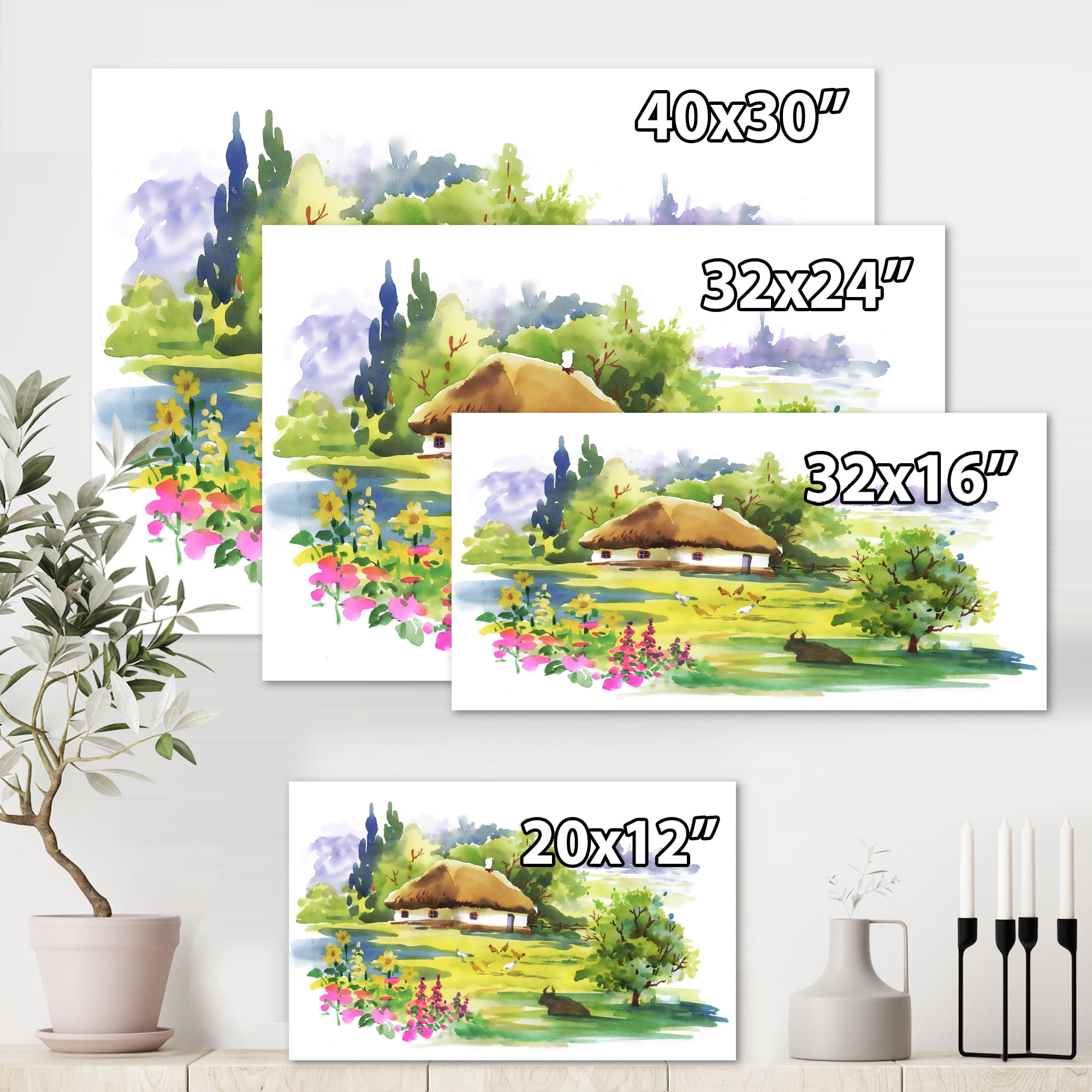 Designart ' Blossoming Greenlands And A Rural House ' Traditional Canvas Wall Art Print