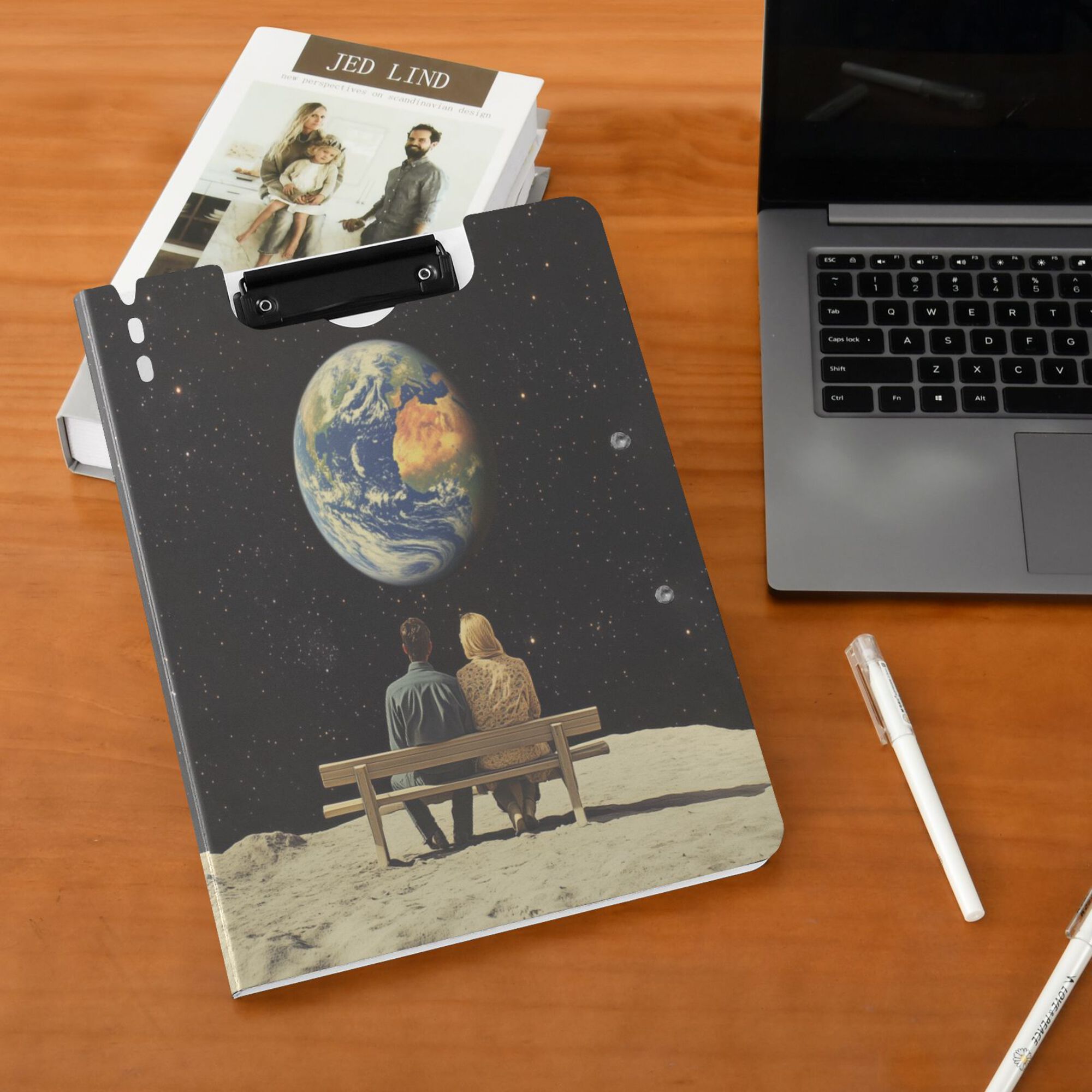 FORMRS A4 Clipboard Folder with Pen Holder Horizontal Foldable School Office Binder, Sitting on The Moon
