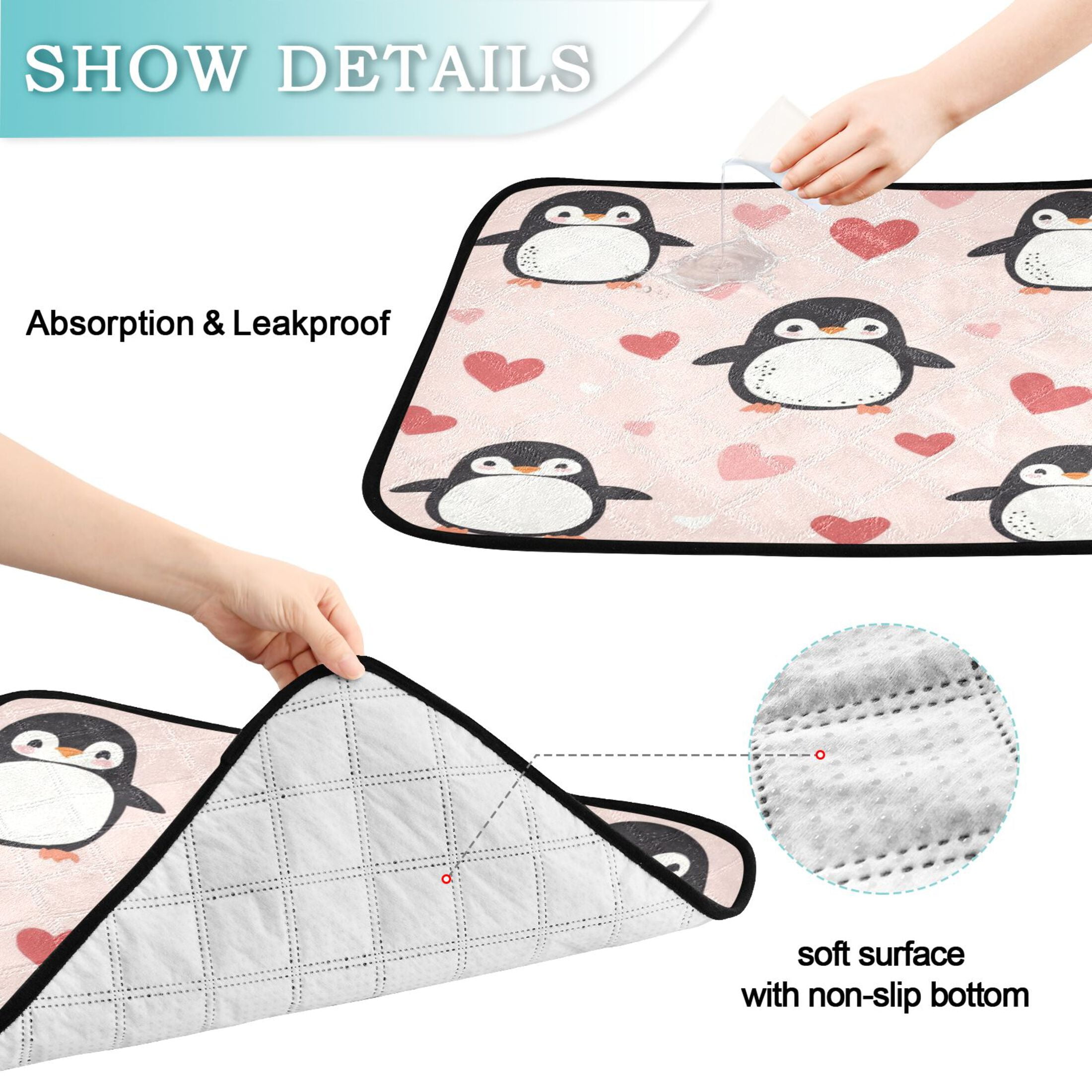 Qxltty Cute Penguins Hearts Pattern Cat litter Pads Pet Set of 3 Diaper Mats Center Anti-leakage Layer Absorbent Soft and Comfortable