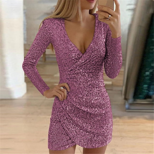 Nouvelle Robe d'Automne Sexy Col en V Robe Courte Irrégulière à Paillettes