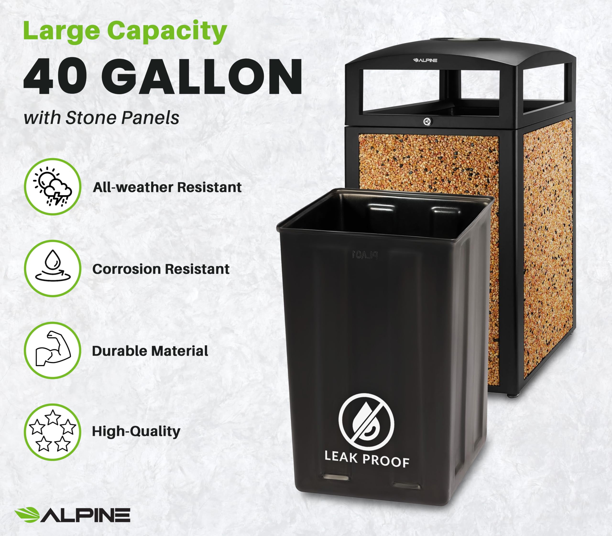 Alpine Outdoor Commercial Trash Can with Lid - 40 Gallon Heavy Duty Metal Garbage Can with Removable Bin, Locking Lid, Perfect for Park, Mall (Black, Brown Stone Panels with Tray)