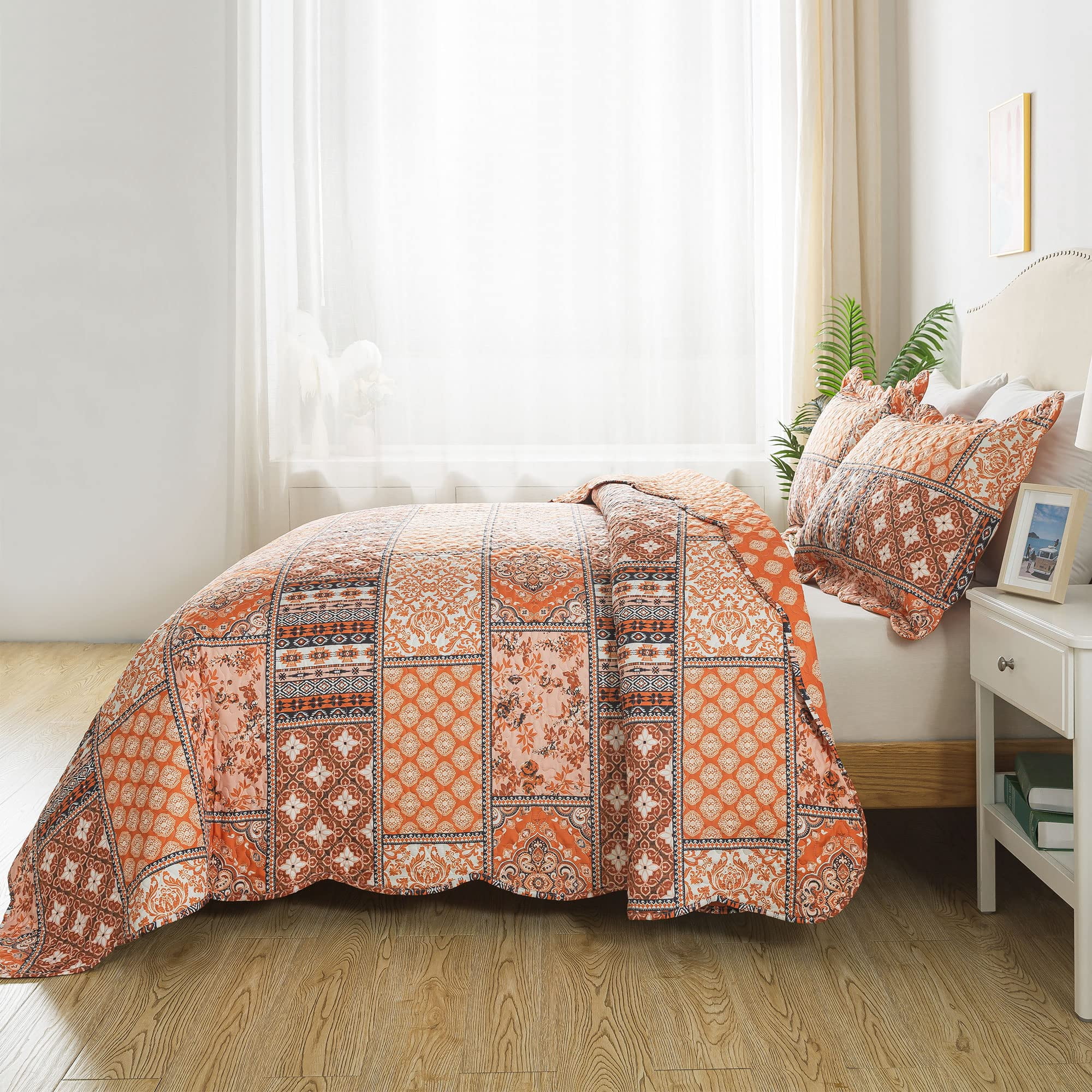 HoneiLife Quilts King Size - 3 Piece Microfiber Quilt set Reversible Bedspreads Patchwork Coverlets Floral Bedding Set All Season, Orange