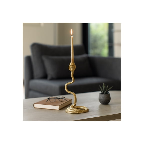 Decorative Snake Taper Candle Holder - Contemporary Metal Candlestick Holder for Dining Table Centerpieces - Unique Home Decor Accent for Entryway, Shelf Styling, or Office Decoratoin - 13", Gold