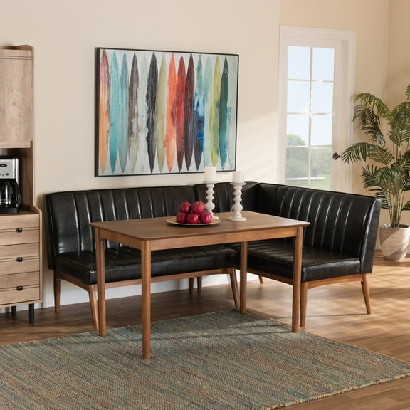 Baxton Studio Daymond Mid-Century Modern Dark Brown Faux Leather Upholstered and Walnut Brown Finished Wood 3-Piece Dining Nook Set