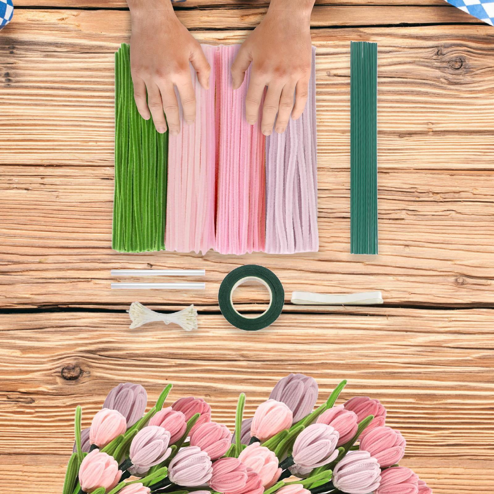 Tachiuwa Pipe Cleaners Craft DIY Flower Making Arrangement Elegant DIY Bouquet Supplies Chenille Stem for Festival Wedding Pink