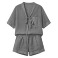 thumbnail image 4 of Costeam Womens Two Piece Outfit Tie Knot V Neck Short Sleeve Top and Elastic Drawstring Waist Shorts Set Linen Blend Matching Set with Pockets, 4 of 9