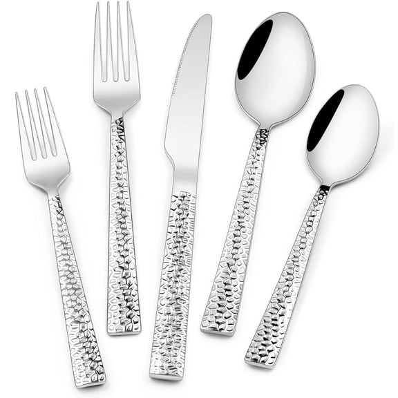 20 Pcs Hammered Silverware Set, Stainless Steel Square Flatware Set , Food-Grade Tableware Cutlery Set, Utensil Sets for Home Restaurant, Mirror Finish, Dishwasher Safe