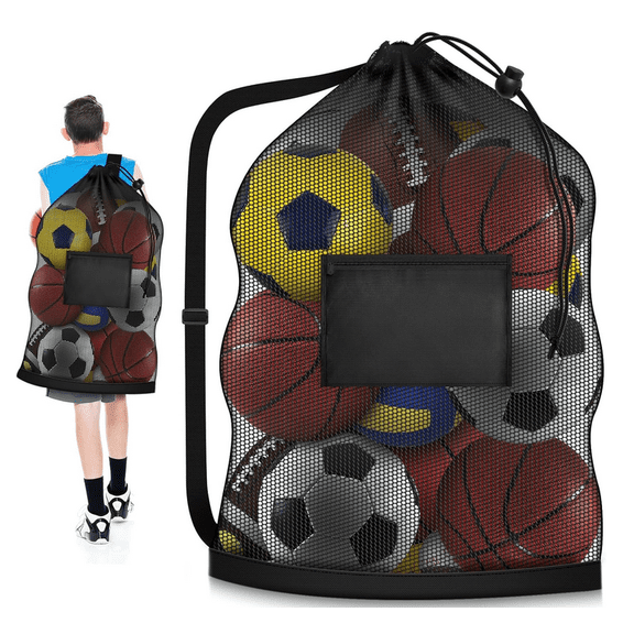 Extra Large Soccer Ball Bag, 40" x 30" Drawstring Mesh Ball Bag with Pocket, Heavy Duty Sport Net Sack for Coaches, Storage Bag for Basketball, Volleyball, Gym Equipment, Swimming Gear