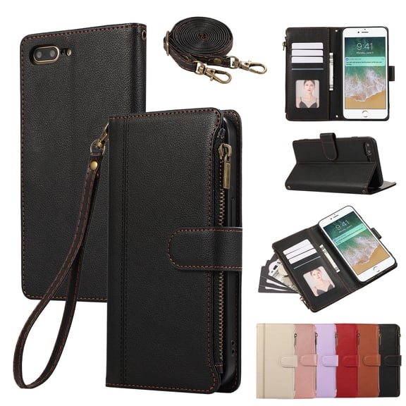 Compatible with iPhone 7 / 8 / SE 2022 & 2020 Wallet Case and Wrist Strap Protector PU Leather Flip Credit Card Holder Purse Stand Cell Accessories Shockproof Phone Cover for Women Men,Black