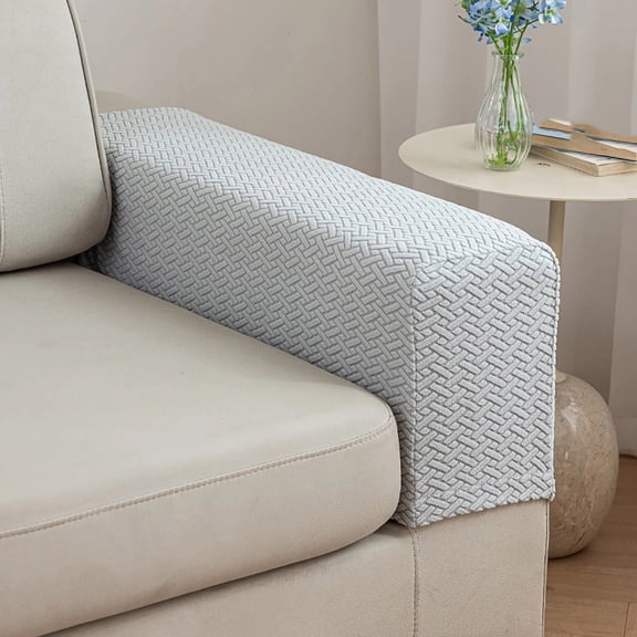 Checkered Elastic Sofa Armrest Cover, Thickened Anti-Dirty Fabric Protector Sleeve, Slip-on Solid Color Couch Arm Cover for Living Room (Light Gray)