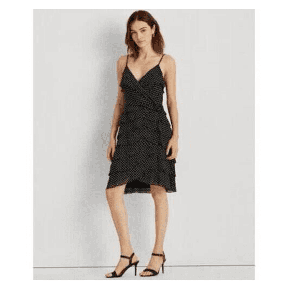 Ralph Lauren Polka-Dot Georgette Layered Ruffles Rosette Cocktail Dress,Black12