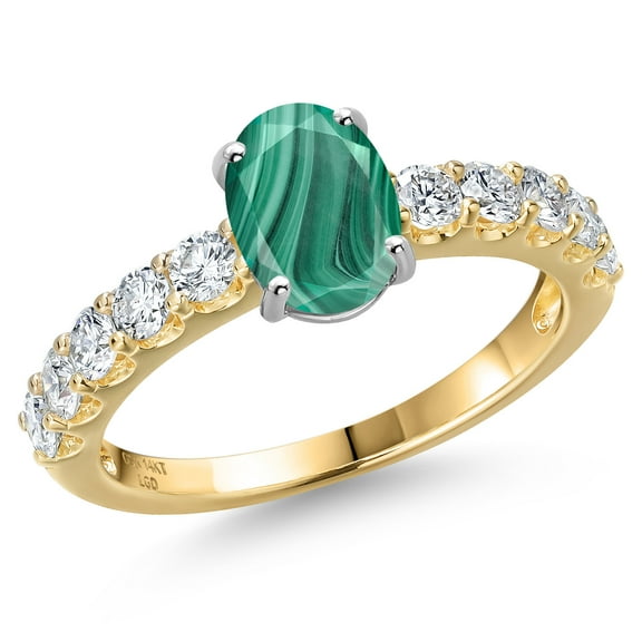 Gem Stone King 14K Two Tone Gold Green Malachite and Lab Grown Diamond Engagement Ring for Women | 2.65 Cttw | Oval 8X6MM | Gemstone Birthstone | Size 7