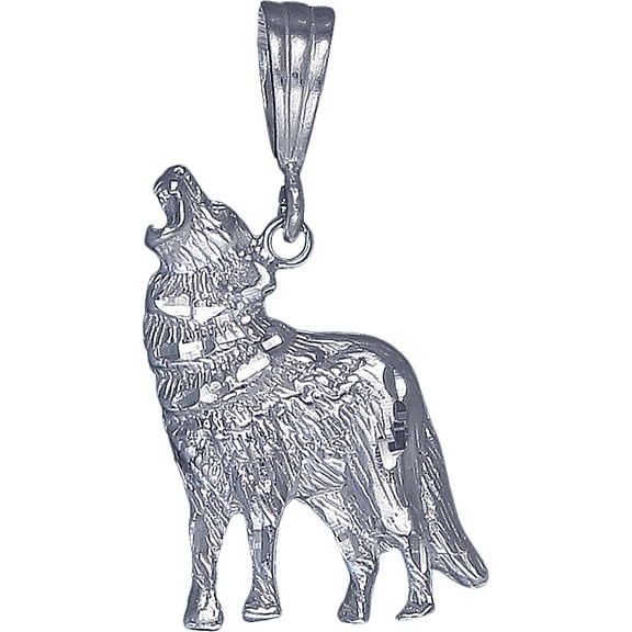 Sterling Silver Howling Wolf Charm Pendant Necklace with Diamond Cut Finish and 24 Inch Figaro Chain