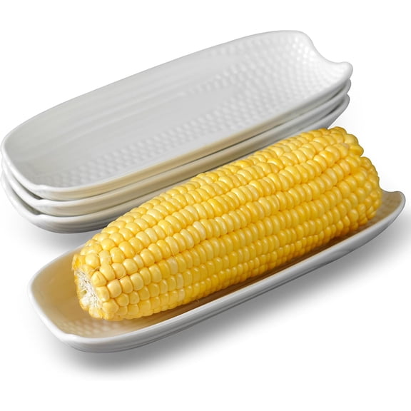 Ceramic corn cob holders, 8.8-inch corn dishes, 4-piece set, white, non-slip bottom, microwave, dishwasher, and oven safe
