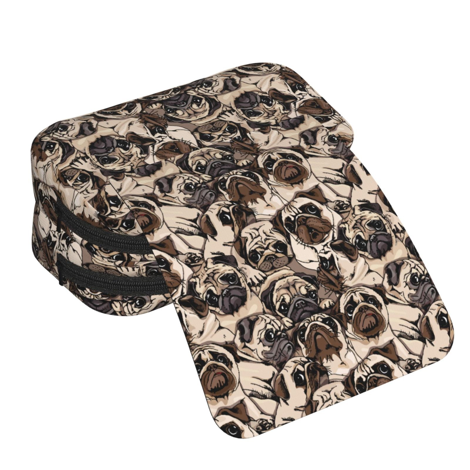 Rateoe Pug Pattern Double Clamshell Pen Case, Storage Organizer with Two Zipper Compartments– Holds Up to 50 Pencils & Pens