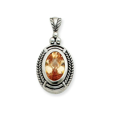 Antiqued Champagne Finish - Sterling Silver Open back Antique finish Oval Champagne Cubic Zirconia Pendant
