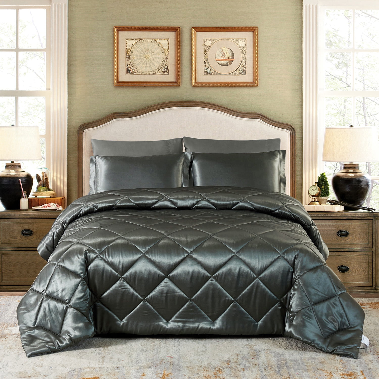 Bedding Sets Queen Clearance Best Comforter Luxury Silky Satin Quilted Gray 3 