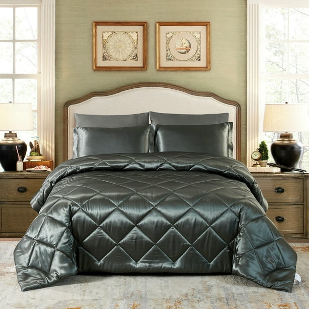 Jml 8 Piece King Silky Satin Comforter, Dark Grey King Size Bed Set