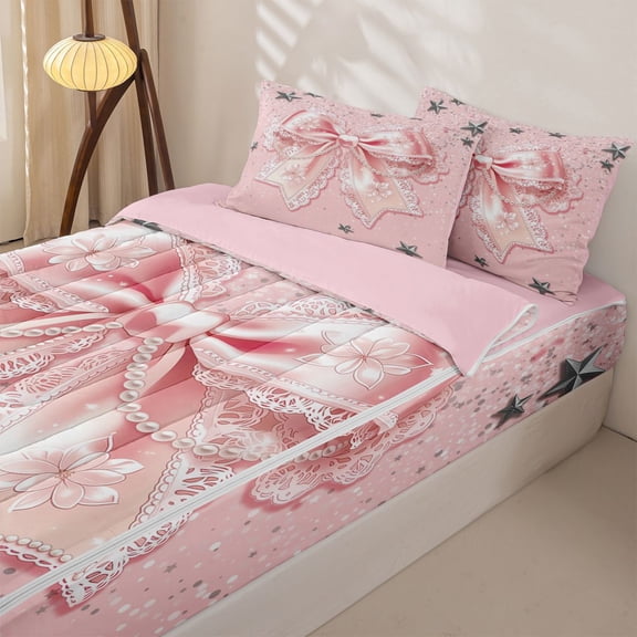 Manfei Pink Princess Bow Zipper Twin Comforter Sets with Fitted Sheet and 2 Pillowcases, Cute Glitter Print Zipper Bedding Set for Girls Women, Pink Reversible, 4pcs