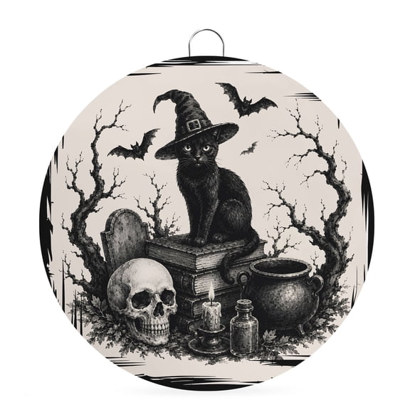 Welcome Sign for Front Door, Halloween Round Metal Wall Art Wreaths, Retro Fall Spooky Cats Skulls Bones Bats Branches Outdoor Indoor Wall Hanging Sign for Porch Decor Housewarming Gifts 5.9 Inch