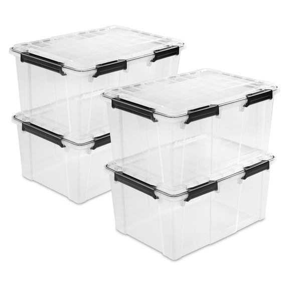 Sterilite 80 Qt Gasket Box, Stackable Plastic Storage Container with Lids, Black, 4 Pack