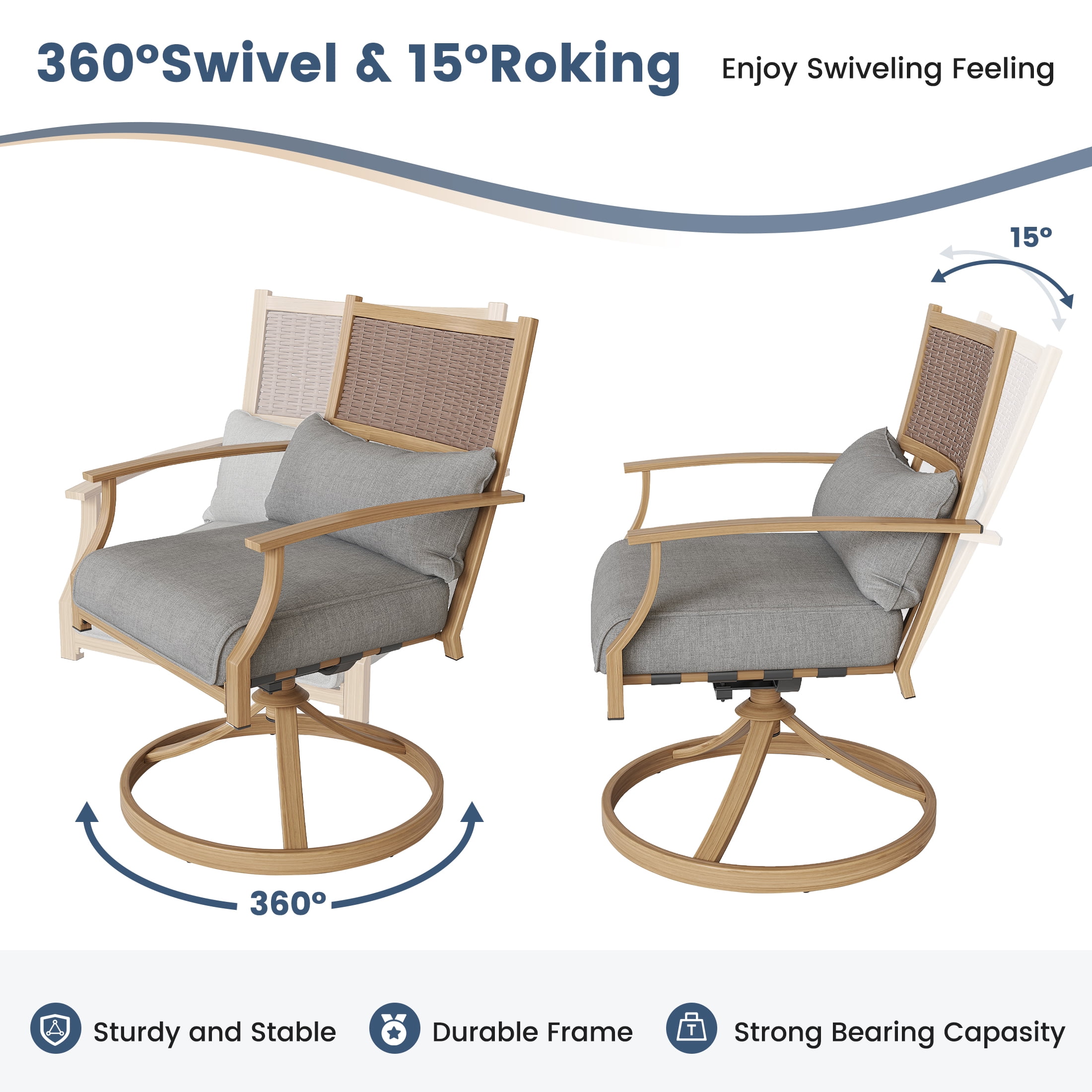 Poteban 3 Pieces Patio Swivel Chairs Set of 2 with Wicker Table, Bistro Set with Swivel Rocker Chair, Outdoor Furniture with Thickened Cushions for Porch Backyard Deck (Gray)