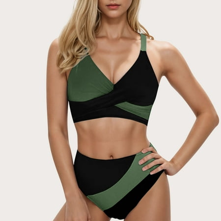 Xysaqa Womens Two Piece High Waisted Bikini Sets Color Block High Cut Swimsuit Tie-Back Sexy V Neck Bathing Suits for Women Summer Belly Control Swimwear (with Padded) Clearance Green S