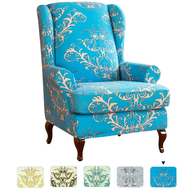 Subrtex Stretch 2 Piece Vector Fl Wing Chair Slipcover Blue Com Subrtex Stretch 2 Piece Vector Fl, High Back Arm Chair Covers