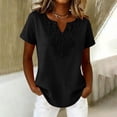 thumbnail image 4 of Yeaiivve Cotton Linen Shirts for Women Hollow Embroidered V Neck Tops Casual Short Sleeve Textured T-Shirts Lightweight Loose Gauze Tunic Tops Black,L, 4 of 6