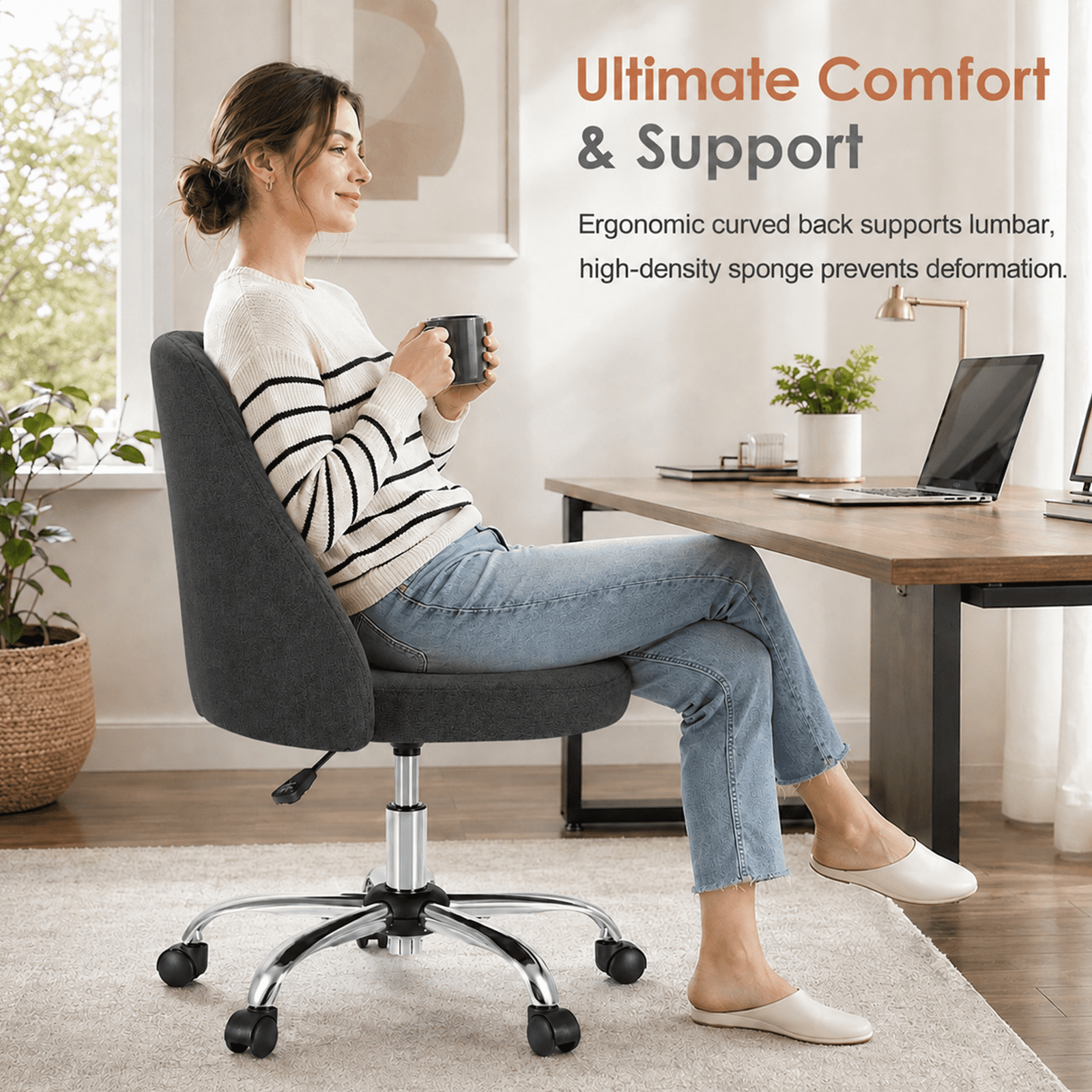 Alvantor Comfy Office Chair, Adjustable Swivel Desk Chair with Wheels, Wide Seating, Modern Fabric Vanity Chair