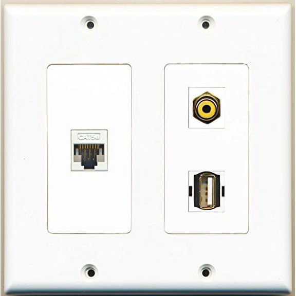 RiteAV - 1 Port RCA Yellow 1 Port USB A-A 1 Port Cat5e Ethernet White - 2 Gang Wall Plate