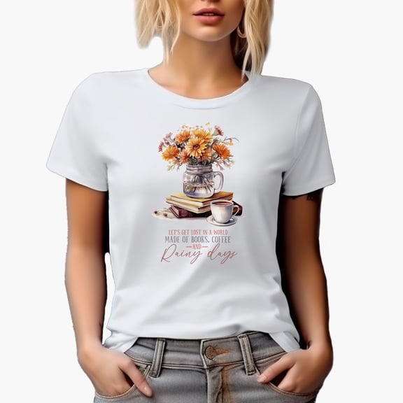 Book & Rainy Day Lover Quote with Flowers, Books & Cup of Coffee Painting Art Merch Gift, White T-Shirt, Small
