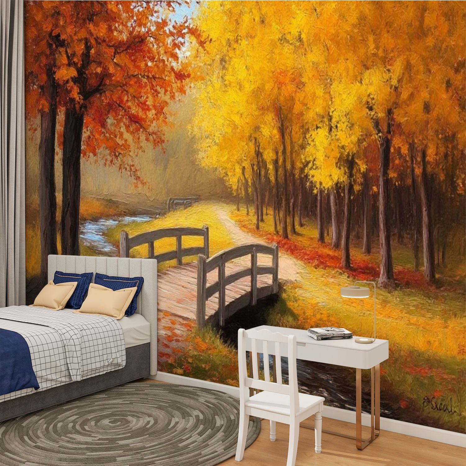Peel and Stick Wallpaper Oil Painting Autumn Forest River Bright Red Leaves Colorful Bridge Modern Art Wall Mural Decor Self Adhesive and Removable 100in x 144in