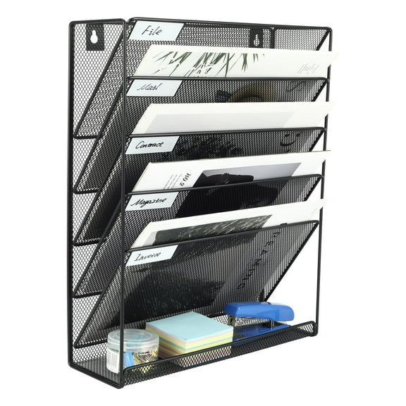 EasyPAG Wall File Holder 5 Tier Vertical Hanging File Organizer Wall Mount Paper Folder Rack with Bottom Flat Tray for Office and Home,Black
