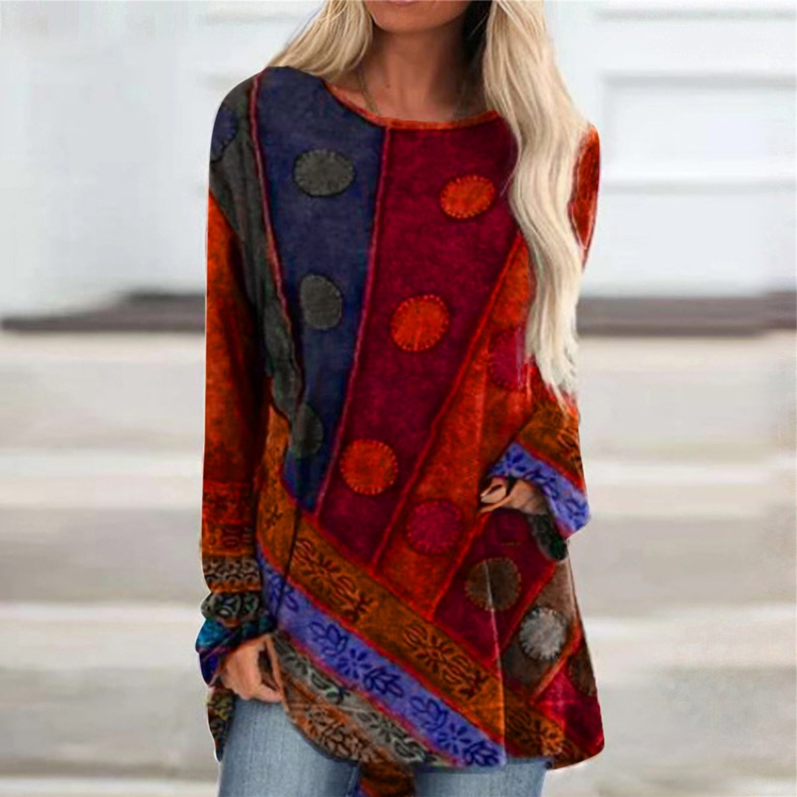 Mikilon Haut Décontracté à Manches Longues Style Ethnique Col Rond - Main Image