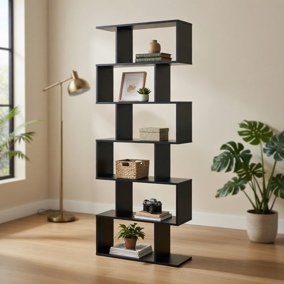 Topcobe 6 Tier S-Shaped Bookshelf Storage Display Bookcase Decor Z-Shelf, Tall Bookshelf Modern Book Case for Books, CDs, Movies, Black