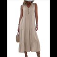 thumbnail image 1 of Vestido Informal para Mujer, Sin Mangas, Cuello en V, Botones, para Playa, con Volantes Escalonados, Falda , Vestidos Midi. Caqui XL, 1 of 10