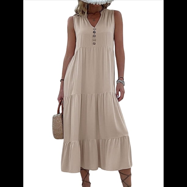 Vestido Informal para Mujer, Sin Mangas, Cuello en V, Botones, para Playa, con Volantes Escalonados, Falda , Vestidos Midi. Caqui M