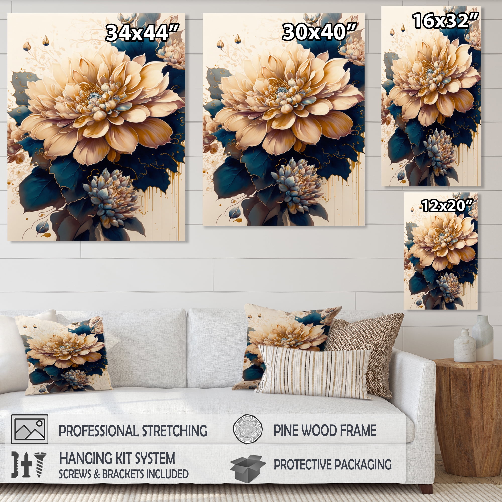 Designart Light Orange And Dark Blue Dhalia II Canvas Wall Art