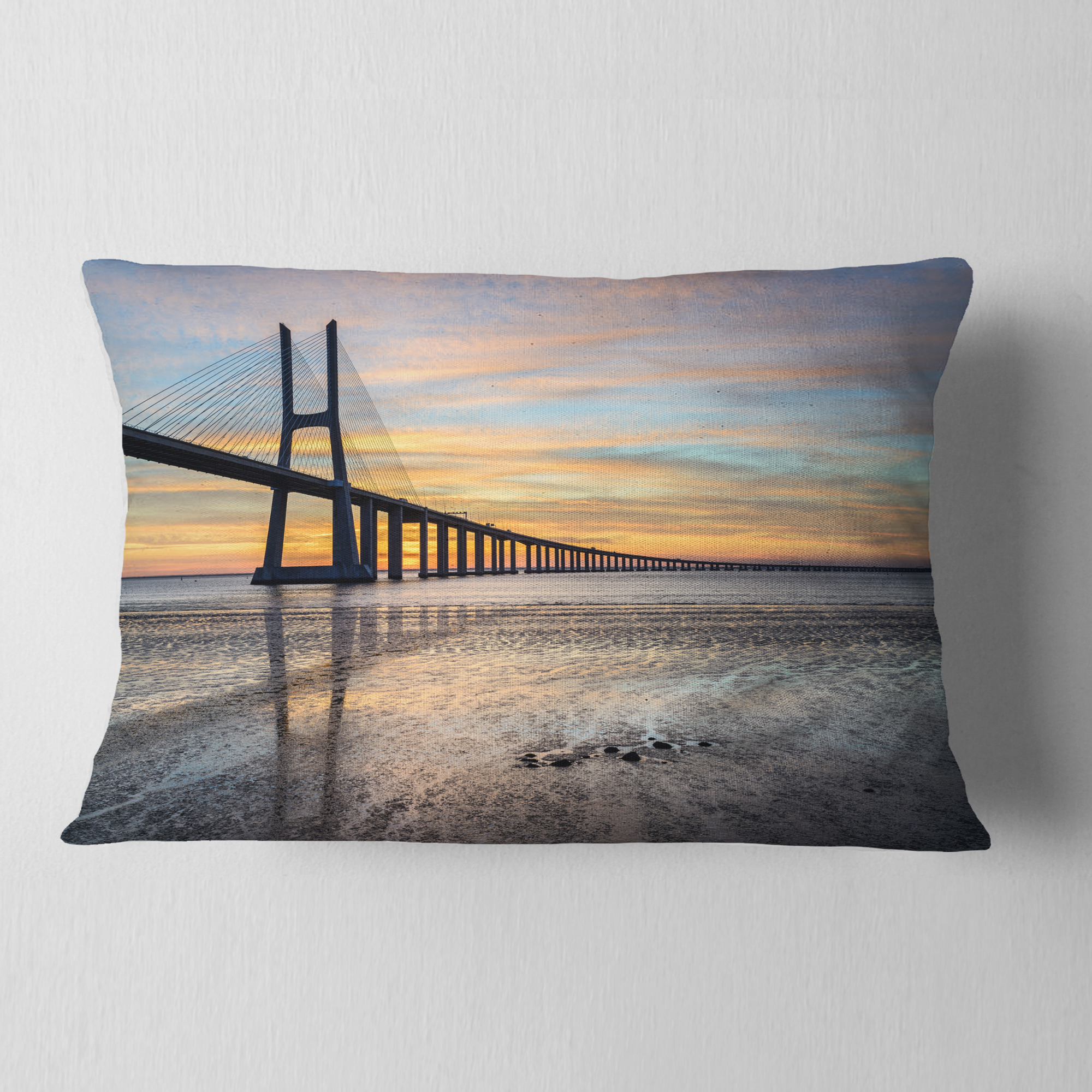 Designart Vasco de Gama Bridge Lisbon - Seascape Throw Pillow - 12x20