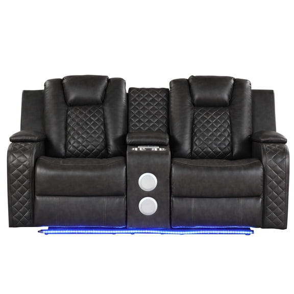 Power Reclining Loveseat with LED Lights | Built-in Console, Bluetooth Audio | Faux Leather Upholstery | Charging & Relaxing