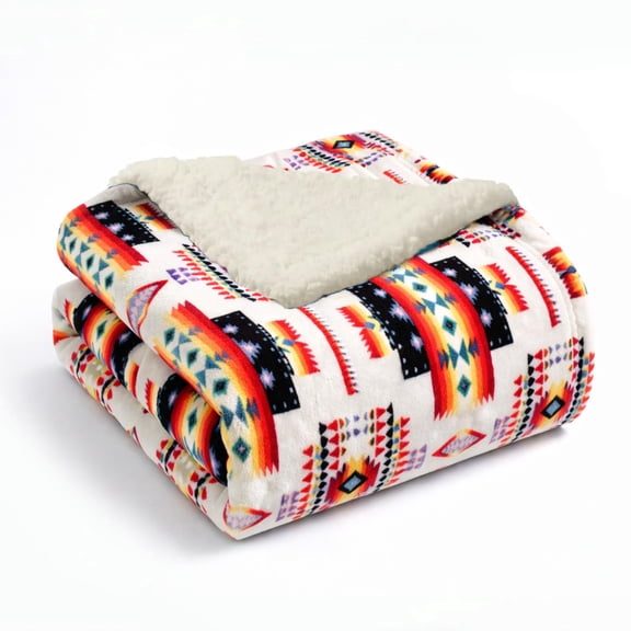 Sacred Thread Fleece Blanket South Western, Reversible Mexican, Vibrant Aztec Blankets and Throws for Aztec Decor for Home (White Flannel / Sherpa) (King (87''x95'')