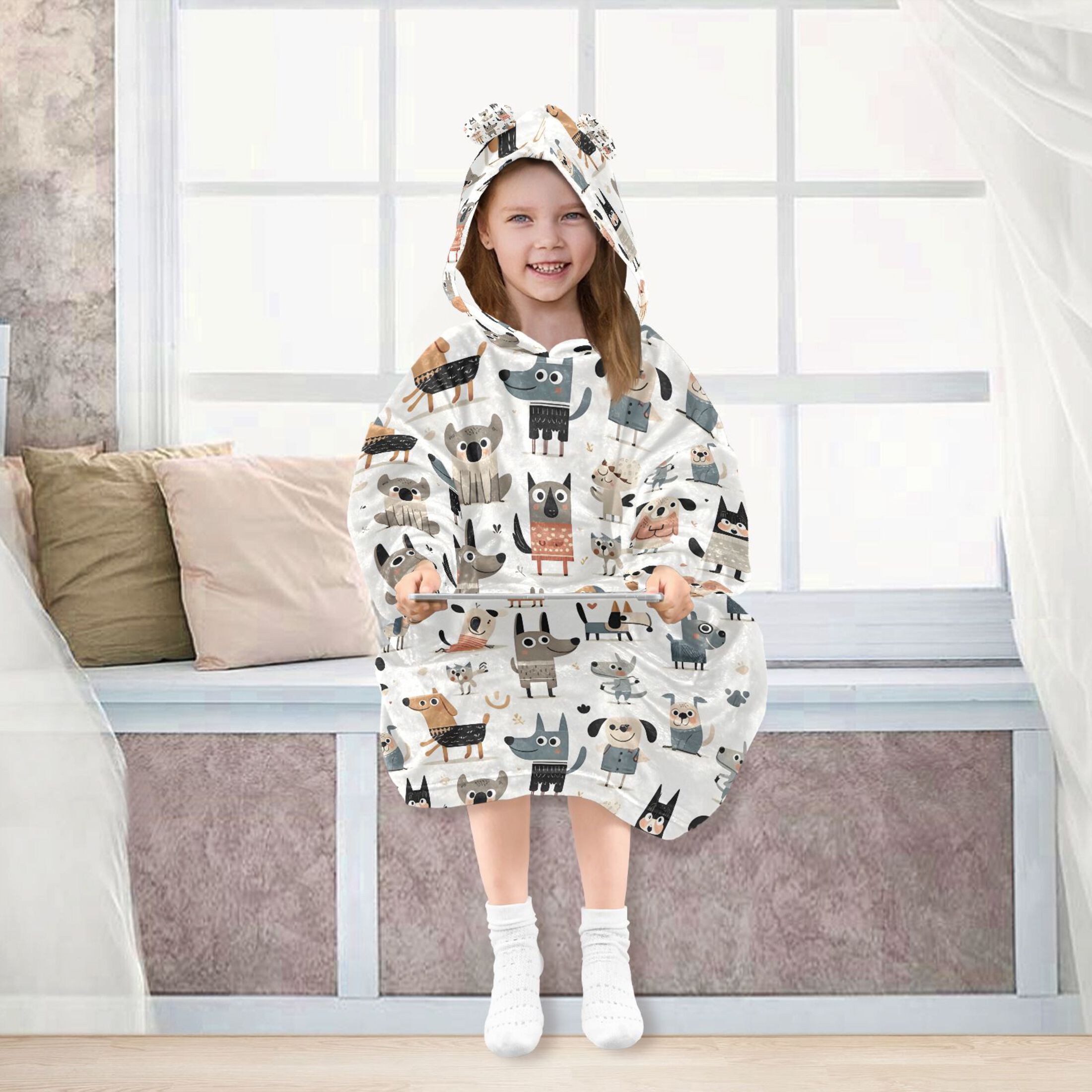 joogoo Blanket Hoodie for Cartoon Doodle Dogs Oversize Sweatshirt 3-14 YR L