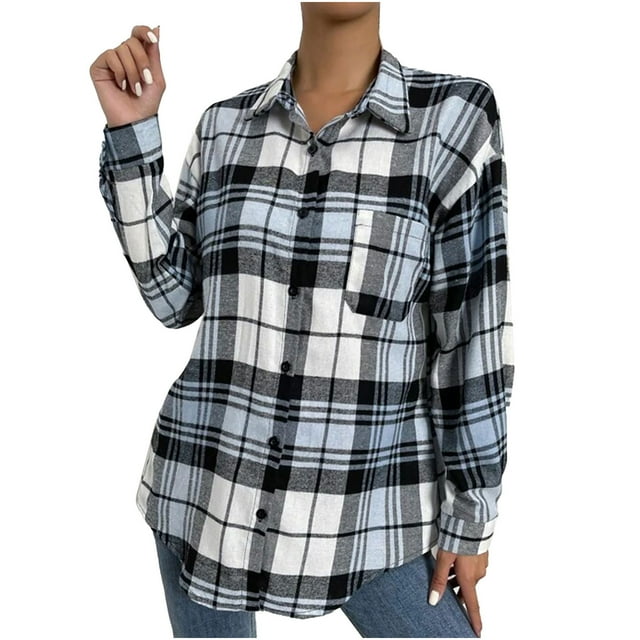 UPPADA Womens Plaid Shacket Button Down Long Sleeve Shirt Fall Winter Outfits Flannel Jacket Loose Fit Shirts with Pocket Light Blue,M