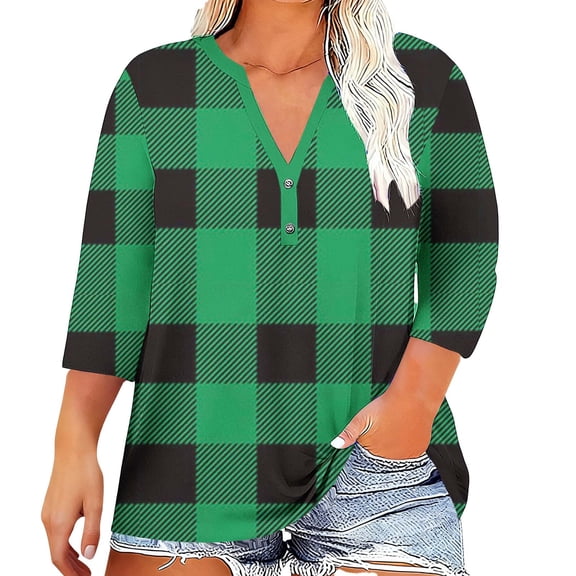 Lenpel Women's Plus Size Tops 3/4 Length Sleeve V Neck Quarter Button Plaid T Shirts Soft Casual Tees Loose Tunic Blouses(Green,X-Large)