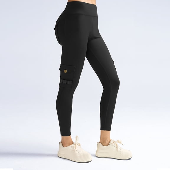 Mceream High Waist Cargo Leggings for Women Butt Lifting Leggings with Flap Pockets High Waist Tummy Control Running Pants Gym Tights Plus Size Black S