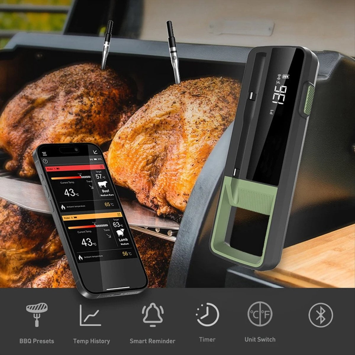 Wireless Food Meat Thermometer Smart Digital Bluetooth BBQ Thermometer for Kitchen Cooking Oven Gril Photo Color Stainless Steel