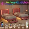thumbnail image 4 of UHOMEPRO Pink Twin Upholstered Bed Frame with LED Lights & Motion Sensor Light, Wooden Storage Drawer, Charging Station, Soft Fabric Platform Bed with Headboard, Quiet & Sturdy No Noise Design, 4 of 11