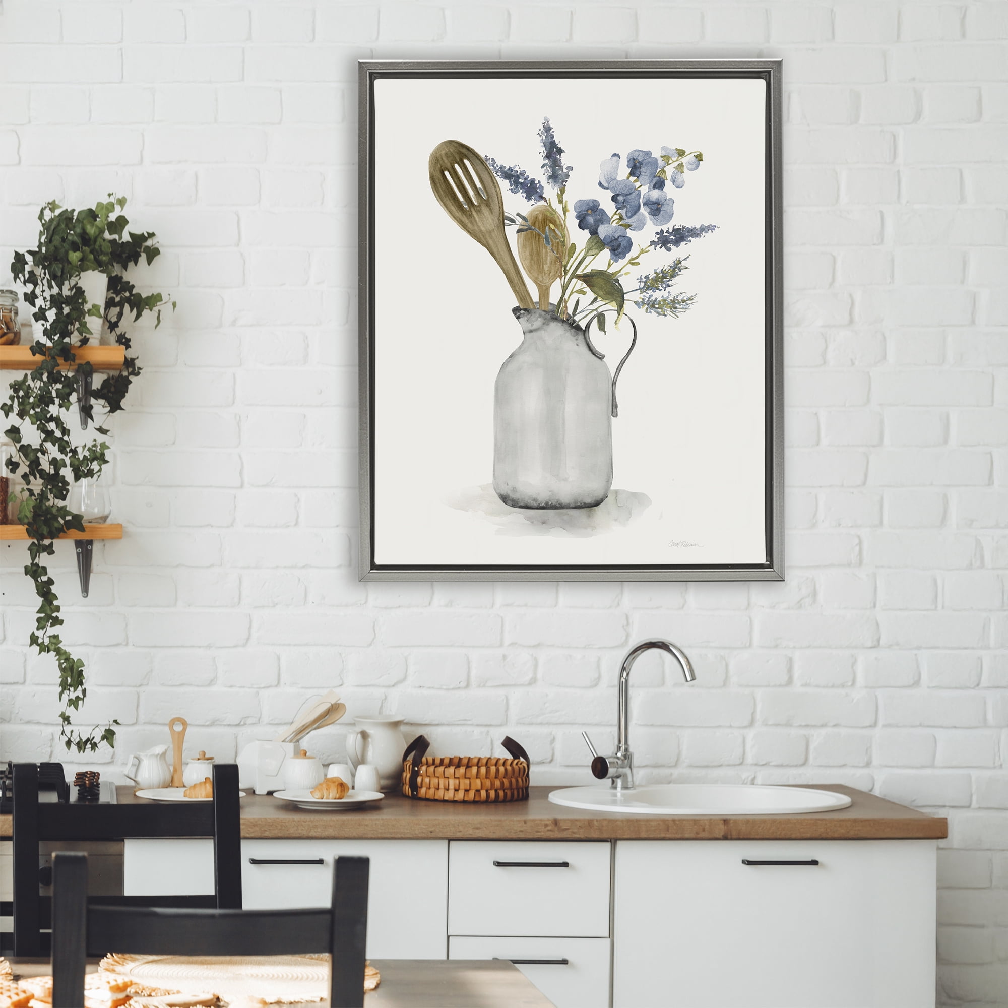 Stupell Industries Vintage Pitcher with Utensils Gray Framed Floater Canvas Wall Art, design by Carol Robinson