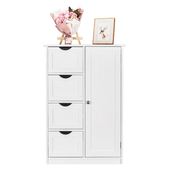 Bathroom Storage Cabinet with Single Door & 4 Drawers, MDF Freestanding Floor Cabinet, White Organizer for Bathroom Home